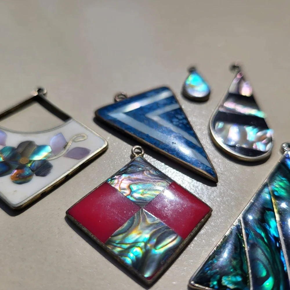 Vintage Alpaca Mexico Shell Inlay Assorted Pendant Lot Geometric Floral